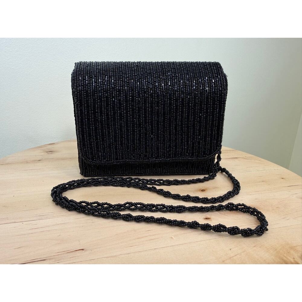 Vintage Mes Ami Black Beaded Evening Bag Clutch Crossbody 1980s 1990s